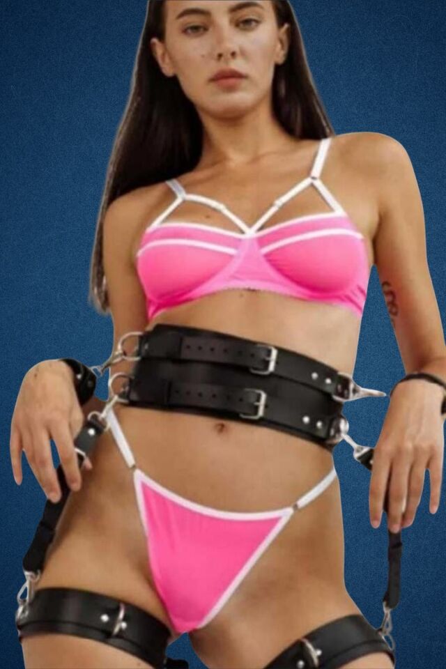 Deri Bel Kemeri,Kelepçe, Jartiyer Fantazi Harnes 3'Lü Set