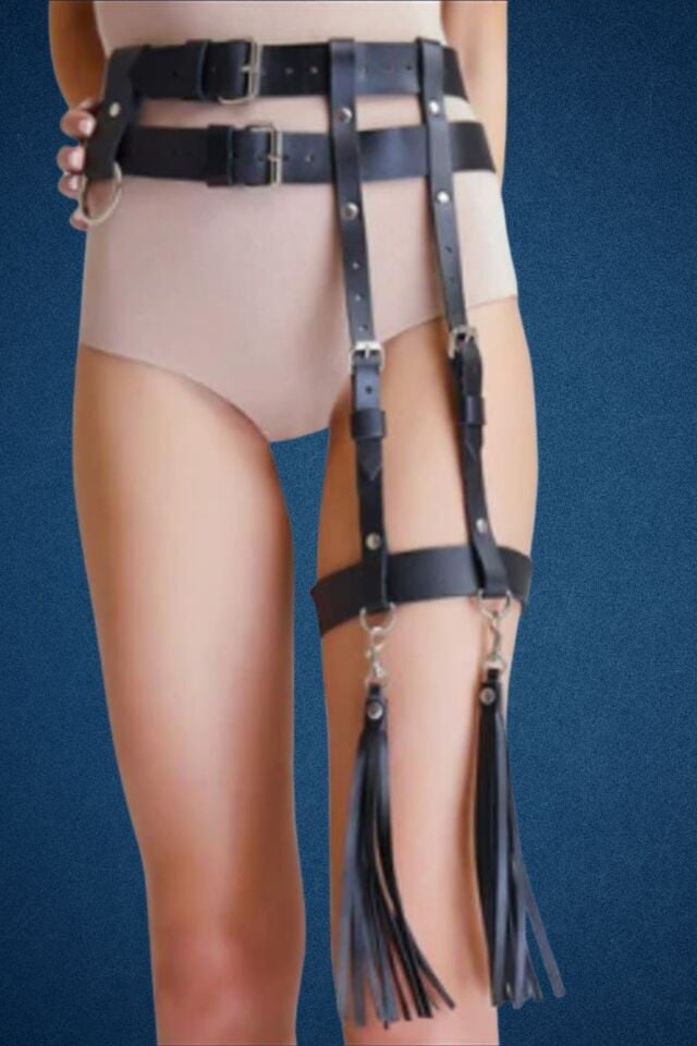 Deri Belden 2 Sıralı Ayarlanabilir Kırbaç Detaylı Jartier Fantazi