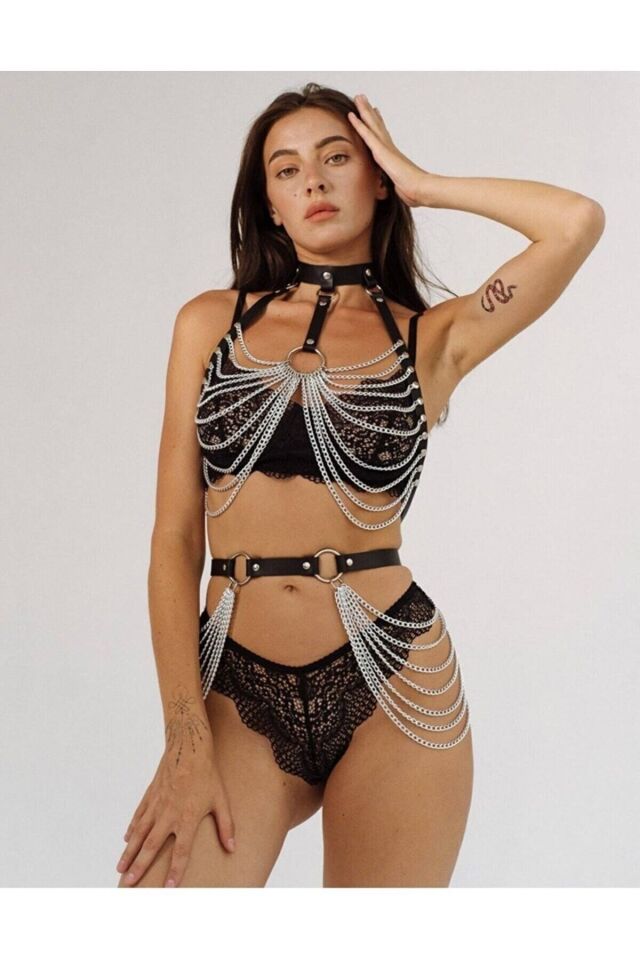 Aysilce 193 Zincirli Harness Set | Tasma ve Bel Aksesuarlı 3XL - Siyah