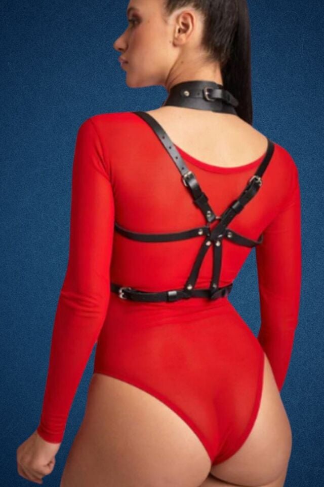 Deri Zincir Detaylı Tasmalı Fantazi Harness Sütyen