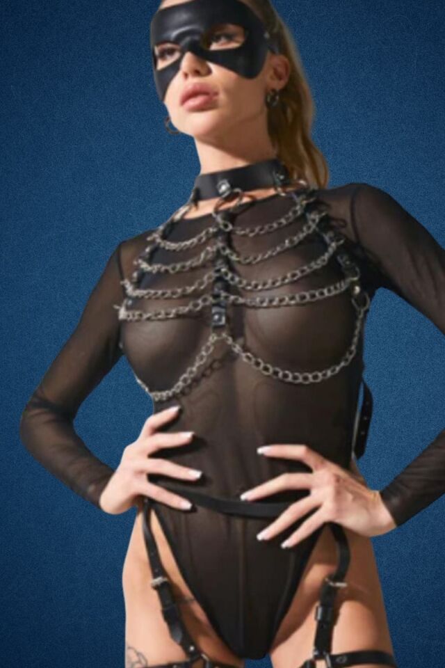 Göğüsten Zincir Detaylı,Belden Bağlamalı Jartiyer Deri Fantazi Harness Set