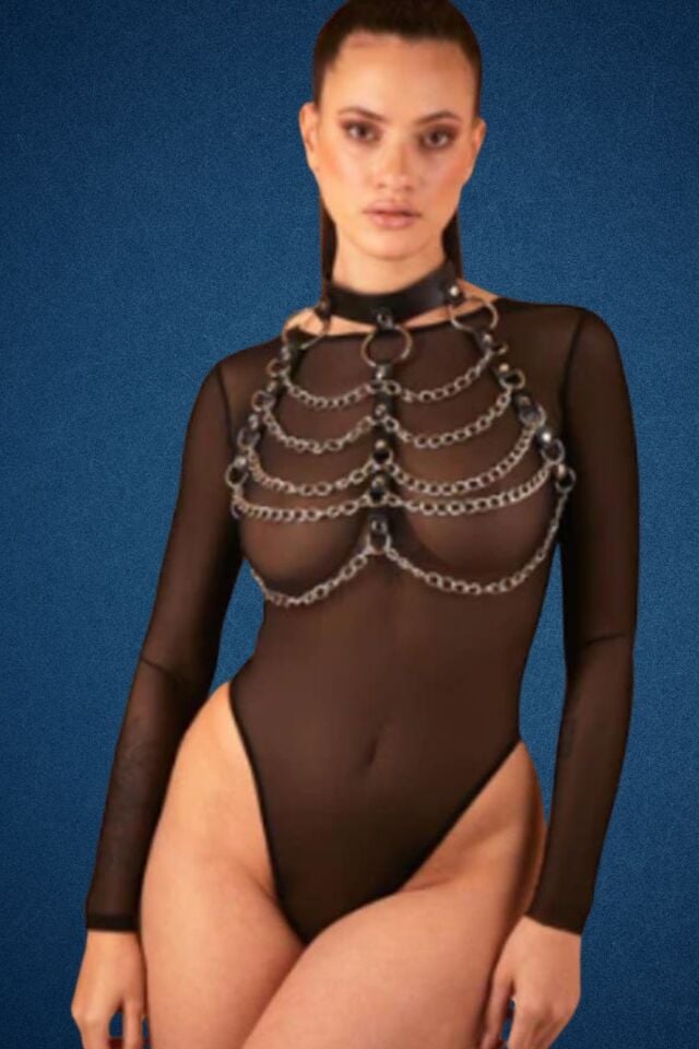 Göğüsü Zincir Detaylı Deri Fantazi Harness