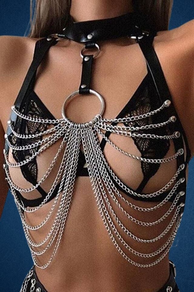 Zincir Detaylı Boyundan Bağlamalı Fantazi  Deri Harness Büstiyer- Üst