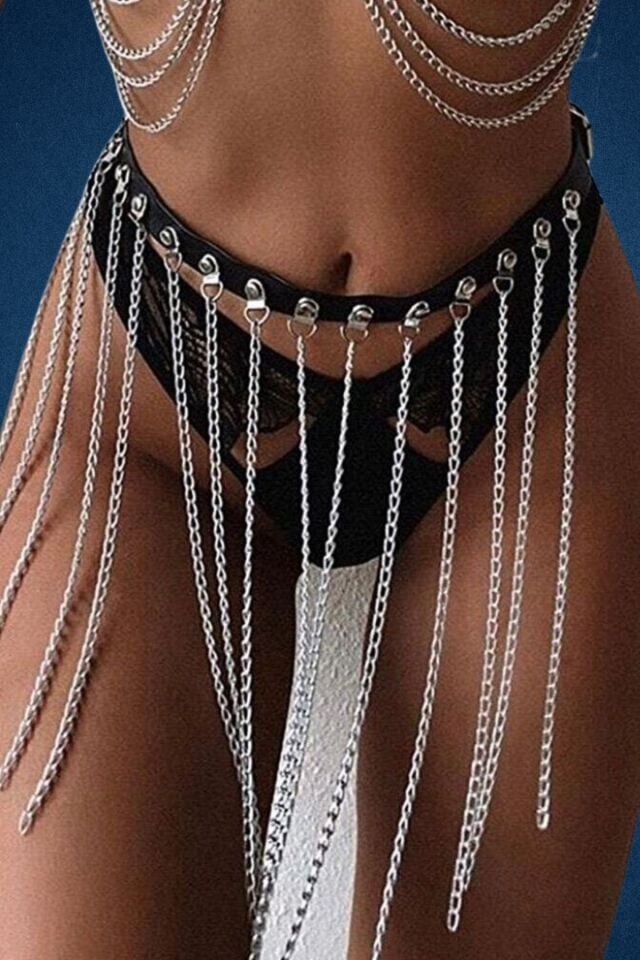 Zincir Detaylı Boyundan Bağlamalı Fantazi  Deri Harness Büstiyer- Alt