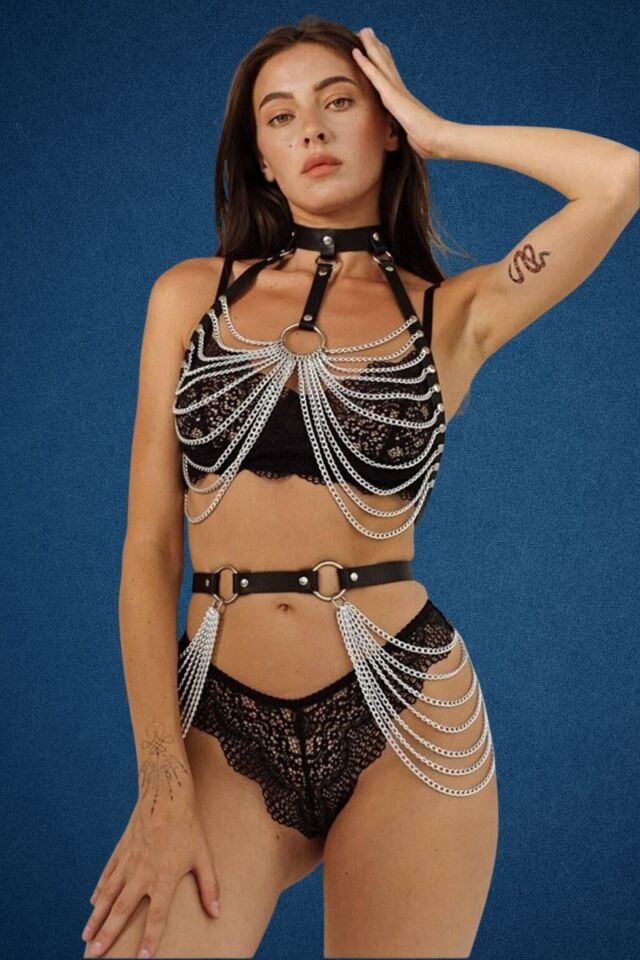 Harness Fantazi Deri Zincirli Büstiyer-Kemer Aksesuar