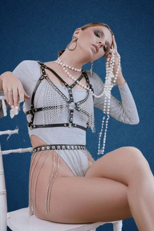 Deri Kostüm Harness Zincir Detaylı Aksesuar