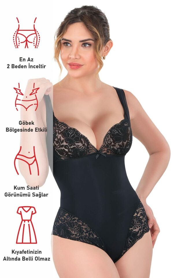 Emay 2947 Dantelli Agraflı Body Korse XXL - Siyah