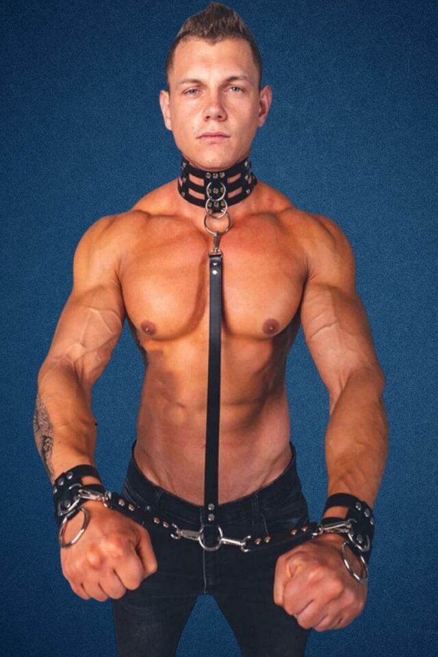 Kalın Deri Tasma Ve Kelepçe Harness Fantezi Aksesuarı