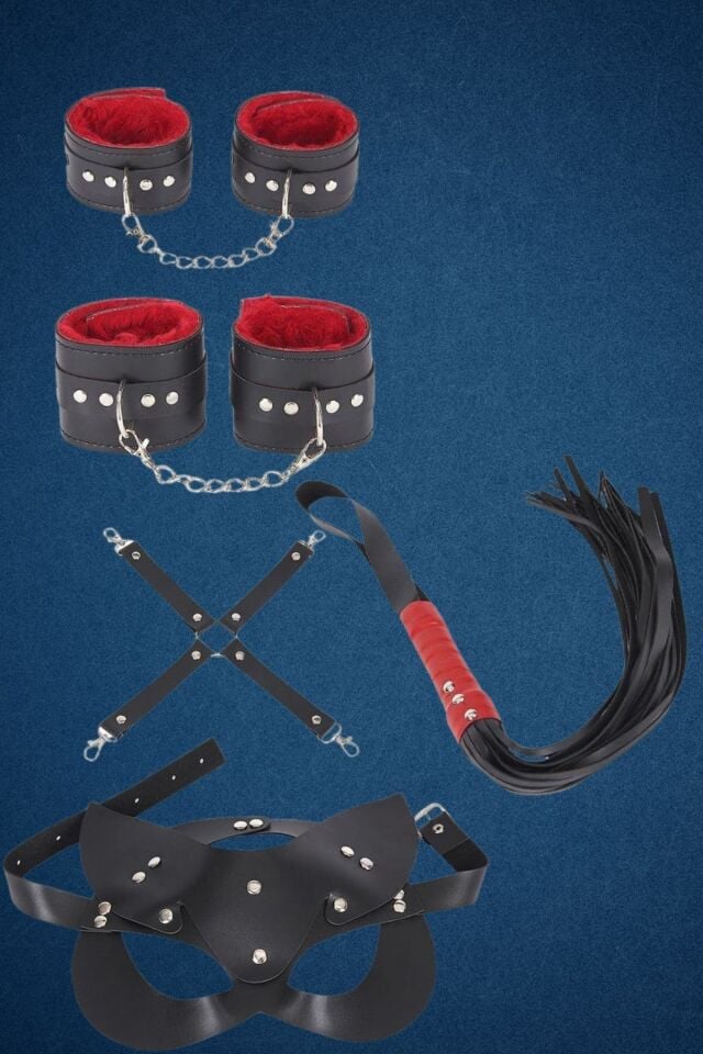 5'Li Kelepçe İçi Tüylü ,Çarpraz Bağ,Kırbaç,Maske Harness Set