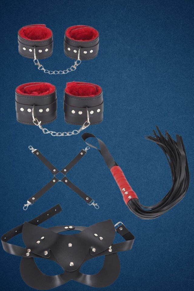 5'Li Kelepçe İçi Tüylü ,Çarpraz Bağ,Kırbaç,Maske Harness Set