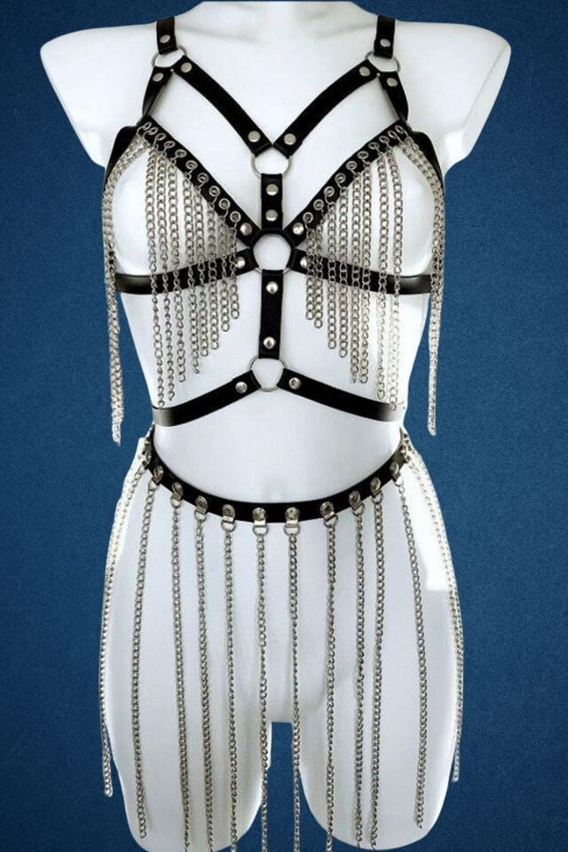 Full Body Zincir Detaylı Süyen, Eteği Zincirli Fantazi Harness Set