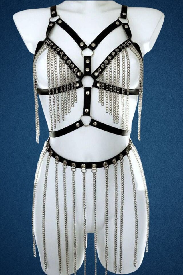 Full Body Zincir Detaylı Süyen, Eteği Zincirli Fantazi Harness Set