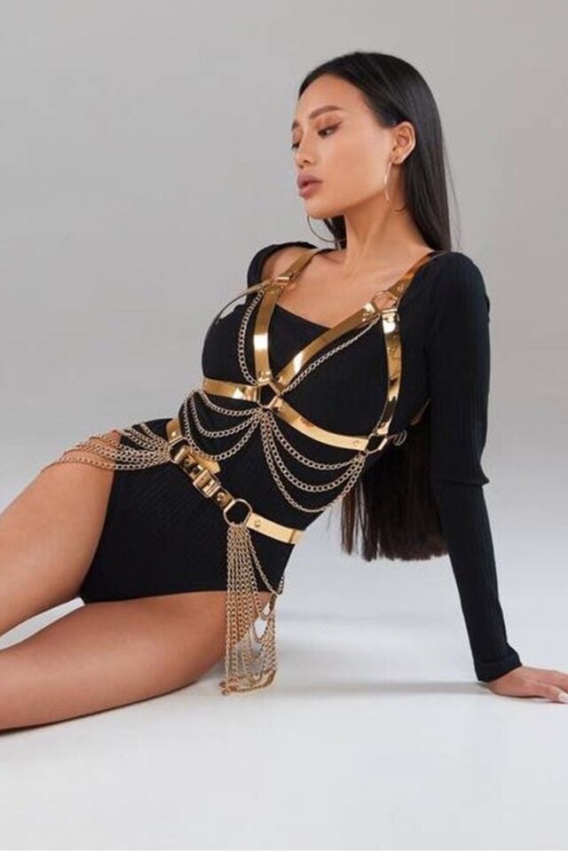 Aysilce 71 Harness Fantazi Deri Sütyen Kemer Aksesuar Takım XL - Gold