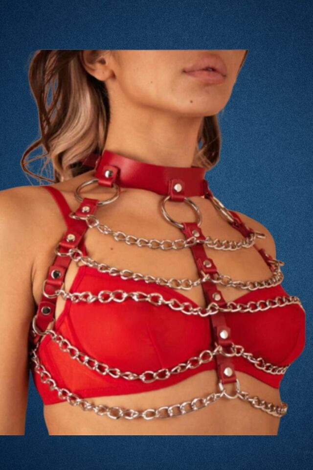 Göğüsü Zincir Detaylı Deri Fantazi Harness