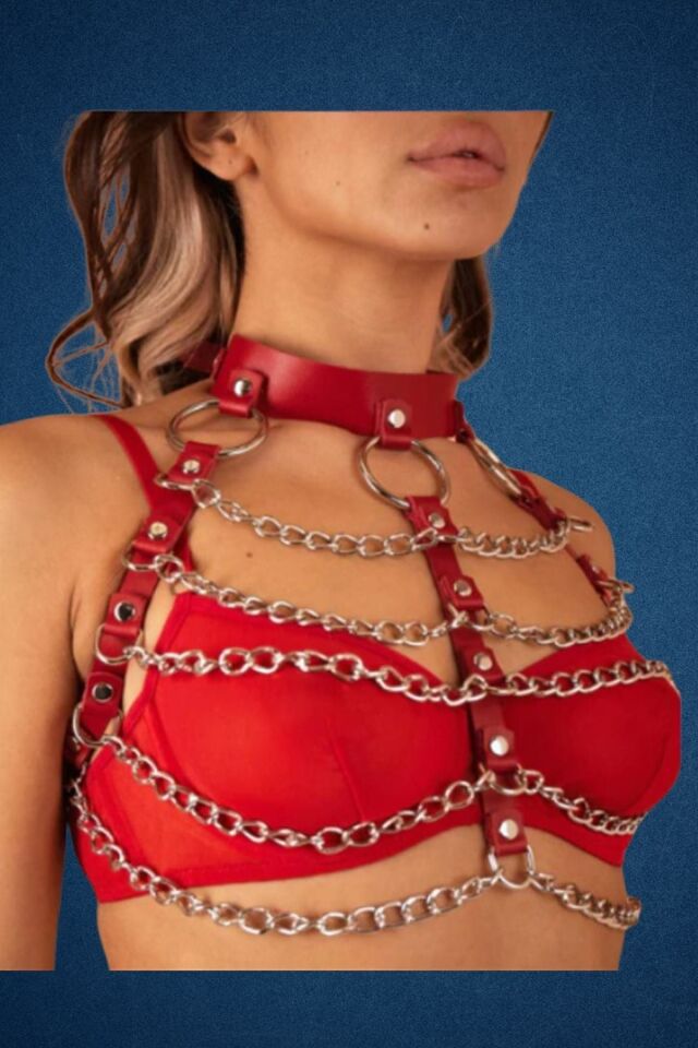 Göğüsü Zincir Detaylı Deri Fantazi Harness