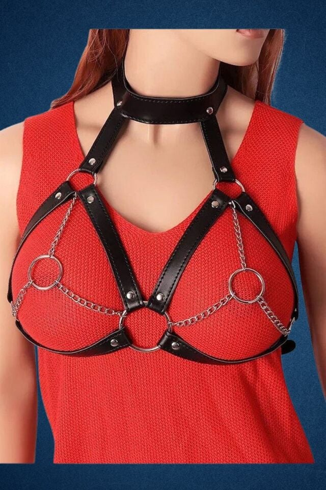 Aysilce 217 Deri Harness Zincirli Göğüs ve Boyun Aksesuarı