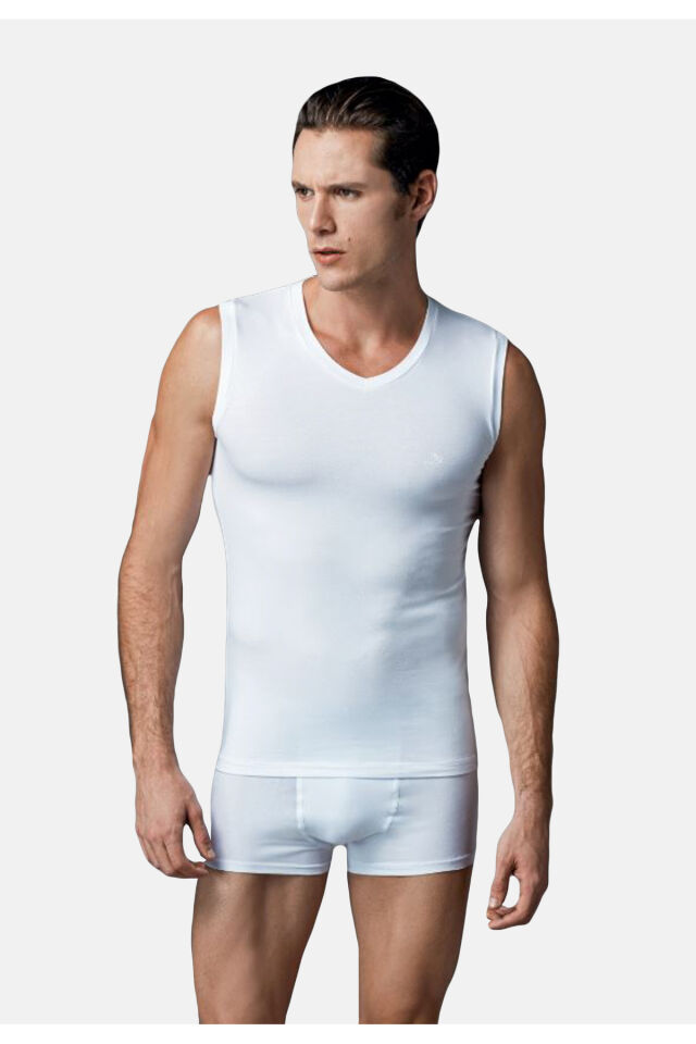 Eros 006 Erkek Beyaz Compact 2'li V Yaka Kolsuz T-shirt