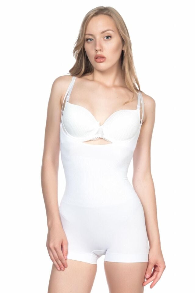Emay 2058 Göğsü Açık Kısa Paça Boy Korse XL - Beyaz